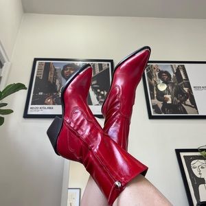 Zara Red Leather Healed Cowboy Boots